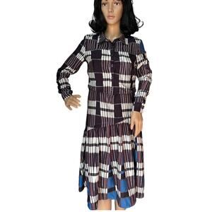 Penelope drop waist long sleeved button print dress purple, white, blue size XS